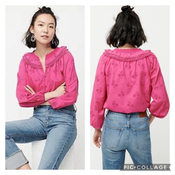 J. Crew Tops - NWT J.Crew Fuchsia Button-front eyelet peasant top